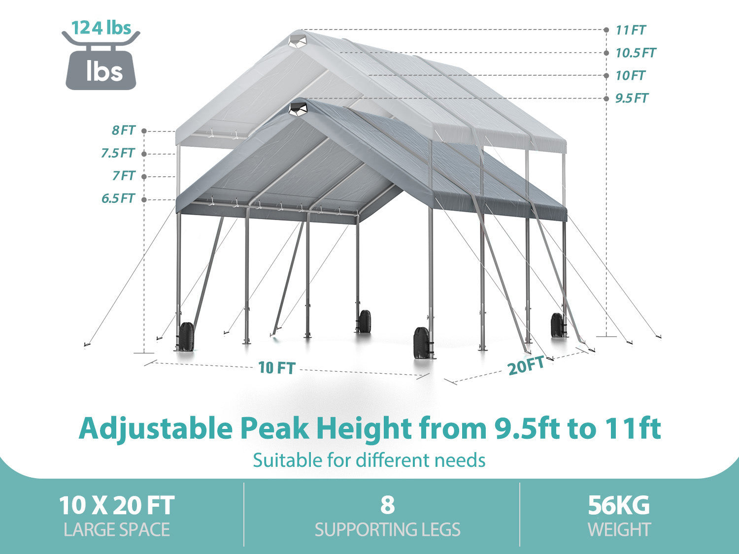 10 * 20 ultra large portable carport garage, adjustable from 9.5 feet to 11 feet, with detachable roof and side walls