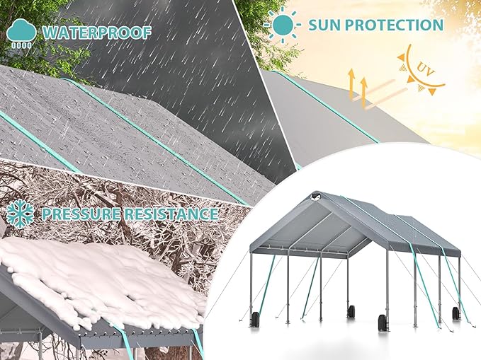 10 * 20 ultra large portable carport garage, adjustable from 9.5 feet to 11 feet, with detachable roof and side walls