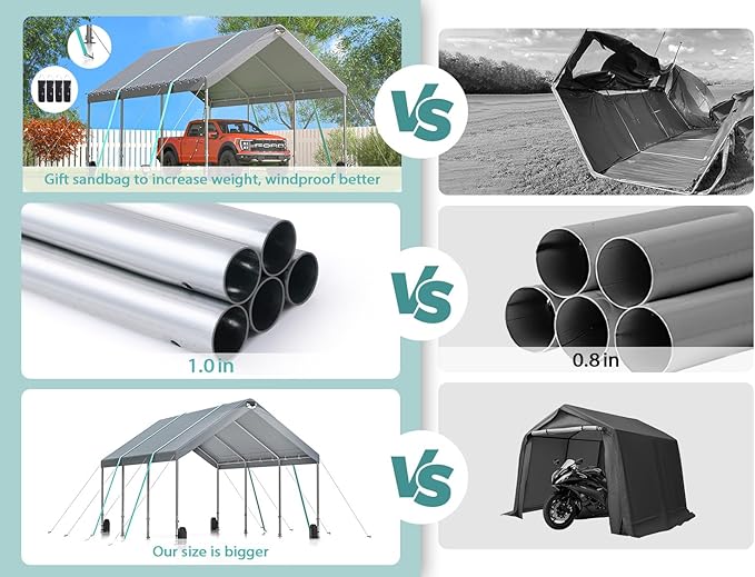 10 * 20 ultra large portable carport garage, adjustable from 9.5 feet to 11 feet, with detachable roof and side walls